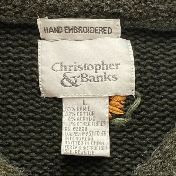 Vtg 90's Christopher & Banks Green Hand Embroidered Cottage Cardigan Size Large - Picture 10 of 14